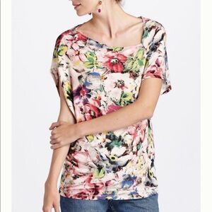 (BOGO FREE) Anthropologie Deletta Quoin Asymmetrical Floral Ribbed Top Shirt XS